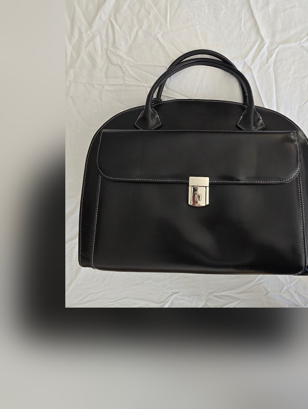 Classic Black Structured Satchel Briefcaae Bag with Silver Hardware